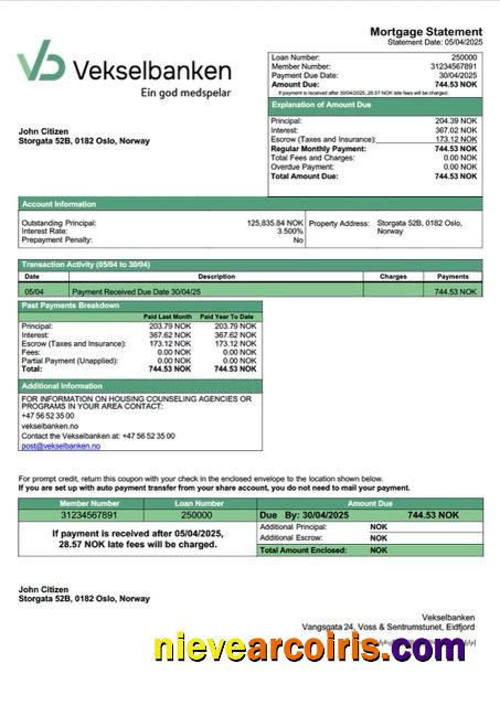 Norway Vekselbanken mortgage statement Word and PDF template